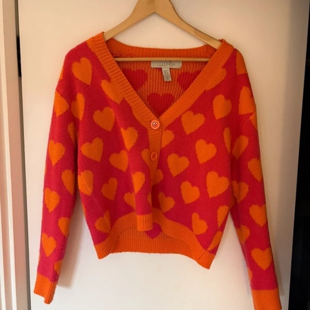 LOFT Pink and Orange Heart V-Neck Sweater